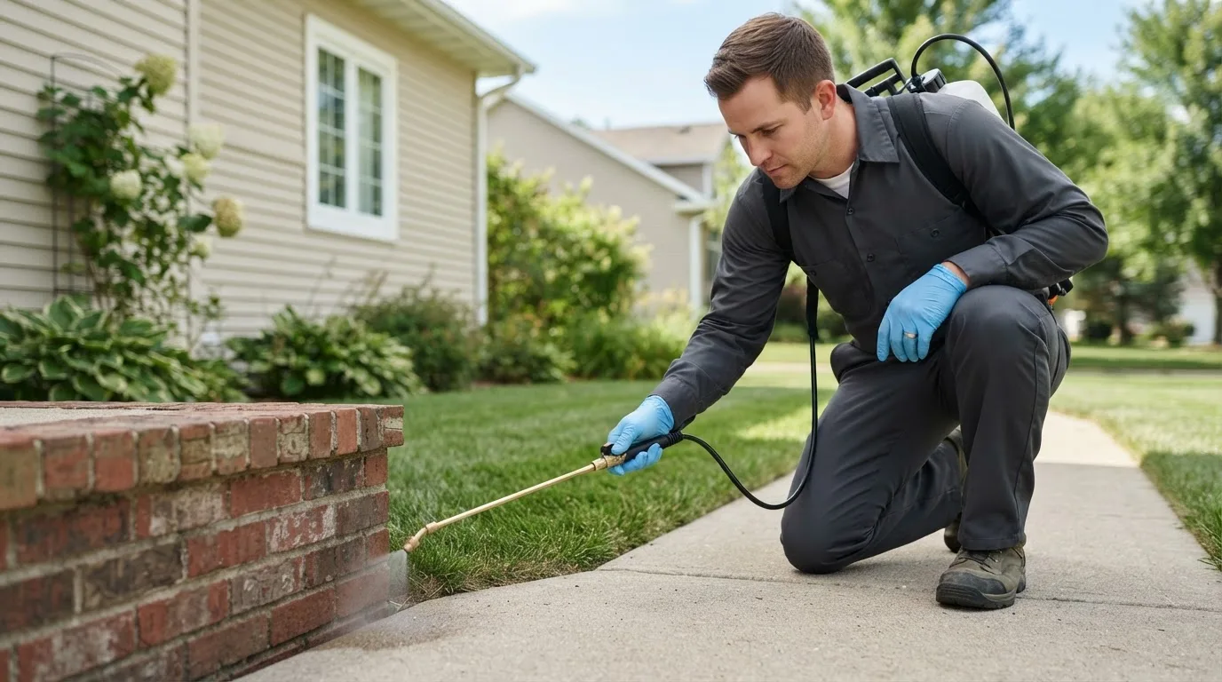 Pest control technician treating a home near Mashpee, MA