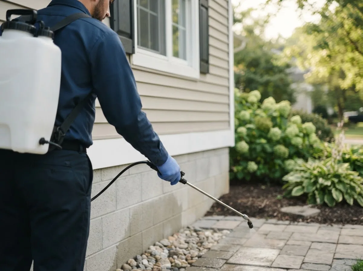 Pest control technician inspecting a home in Mashpee, MA